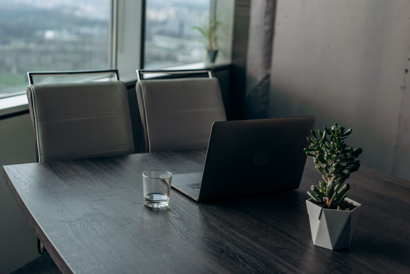 A sleek office workspace featuring a laptop, a drinking glass, and a potted plant with a city view.